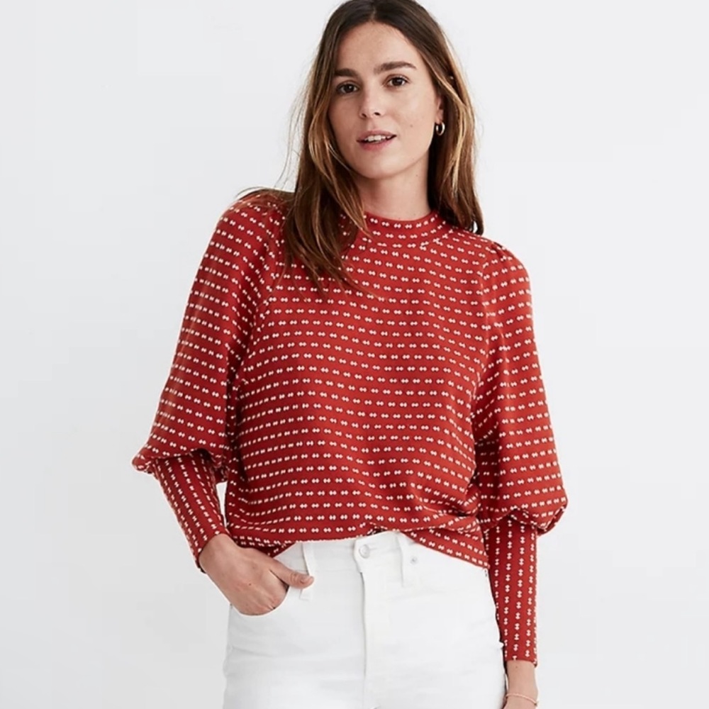 MADEWELL Puff-Sleeve Mockneck Top in Bow-Tie Jacquard size XS AI227 knit